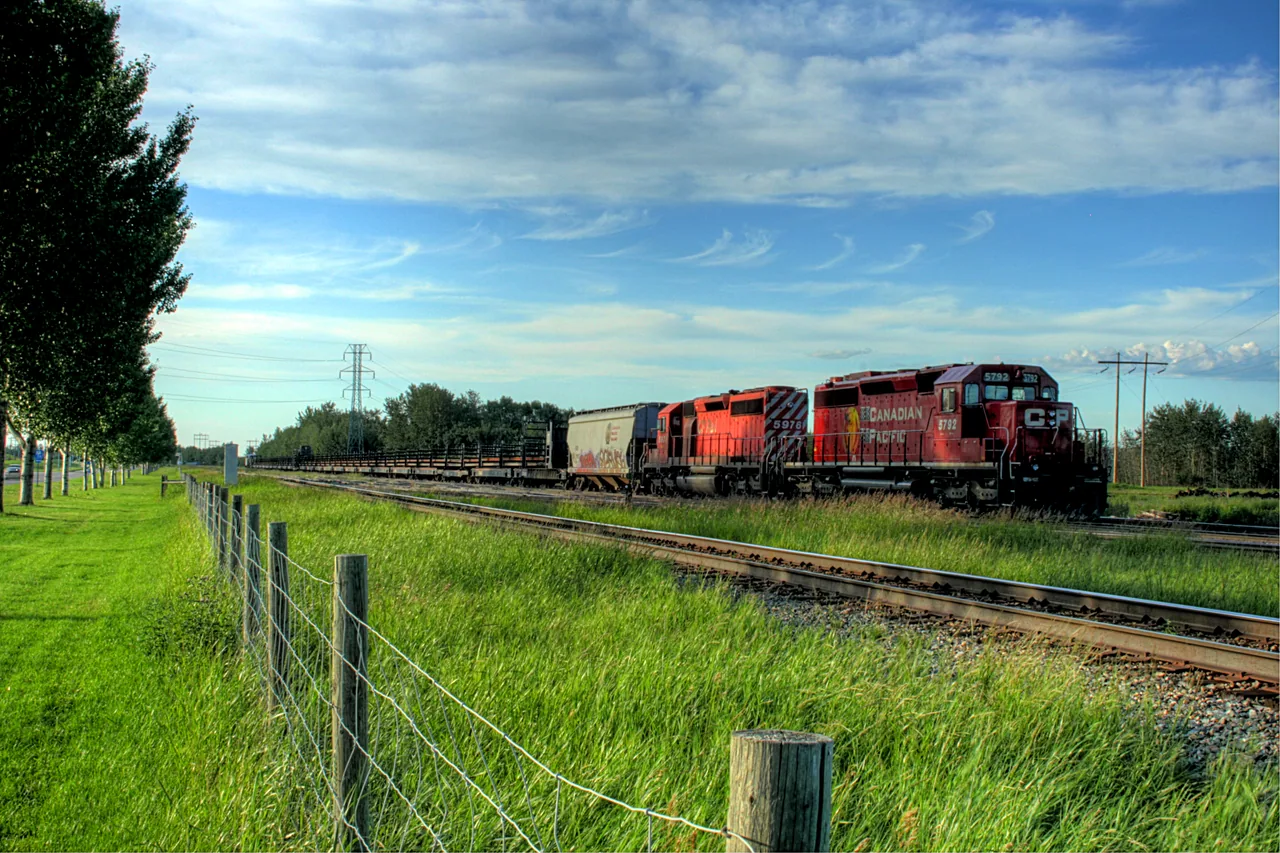 Railway track-laying equipment in Wetaskiwin, Alberta.